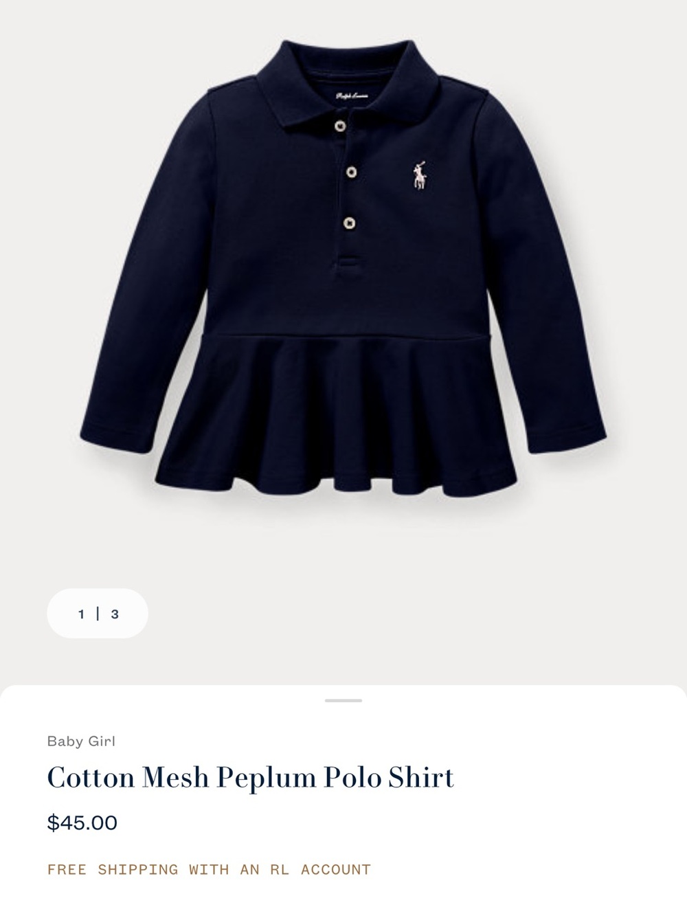 Ralph Lauren Girls Navy Peplum Polo with Pink Pony